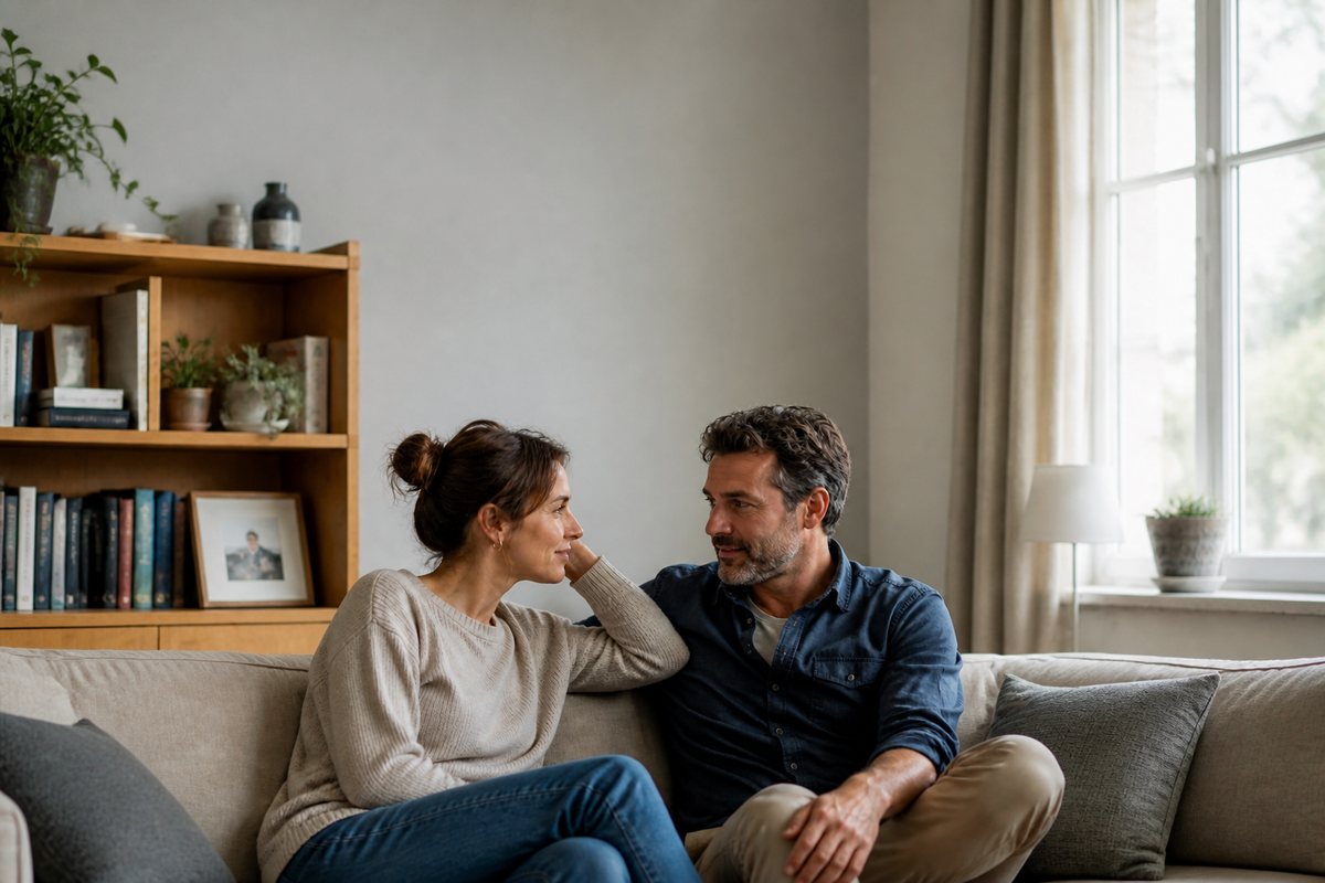 Frau und Mann sitzen auf einem Sofa und sehen sich im Gespräch an